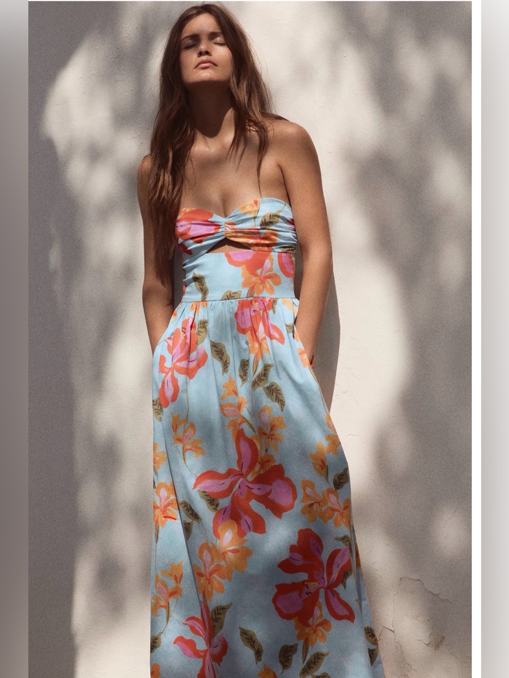 NWT Zara Strapless Floral Midi Dress in Light Blue with Pink  orange poplin